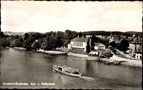 Ak Konstanz am Bodensee, Konstanz/Bodensee, Kur- und Hallenbad, Boot auf dem Wasser