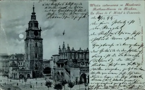 Mondschein Ak Kraków Krakau Polen, Rathausturm