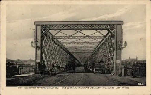 Ak Warschau Polen, Eisenbahnbrücke nach Praga, Kriegsschauplatz