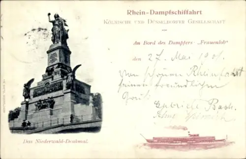 Ak Rüdesheim am Rhein, Niederwald Denkmal, Rheindampfer Frauenlob