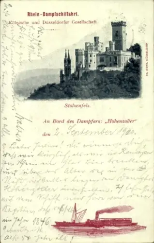 Ak Stolzenfels Koblenz, Schloss, Köln-Düsseldorfer Rhein Dampfschifffahrt, Dampfer Hohenzoller