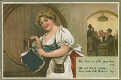 Mechanische Ak Das Bier, das nicht getrunken wird... Kellnerin, Mann mit Bierkrug und Zigarre