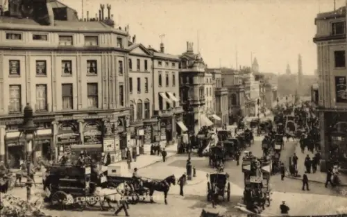 Ak London City England, Blick auf  Straßenverkehr, Pferdewagen, Geschäfte, Menschenmenge