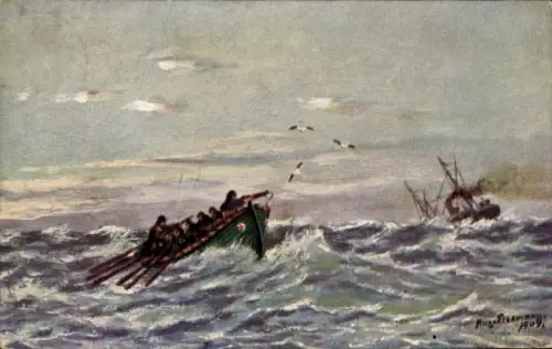 Künstler Ak Seenotrettung, Rettungsboot, Dampfer