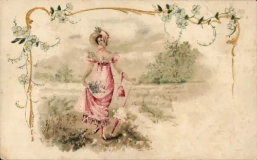 Jugendstil Passepartout Ak Frau im roten Kleid