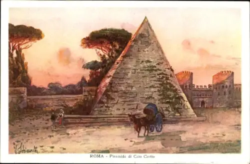 Ak Roma Rom Lazio, Pyramide di Caio Cestio, Kutsche, Bäume, Landschaft
