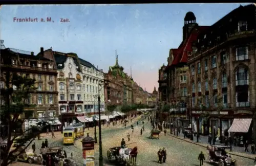 Ak Frankfurt am Main,  Zeil, Straßenansicht,  Fahrzeuge, Menschen, Geschäfte