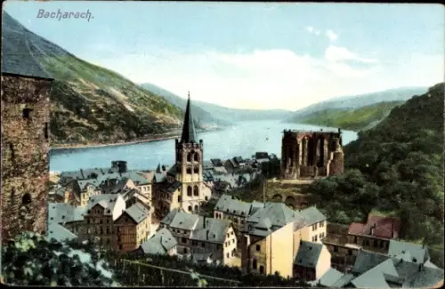 Ak Bacharach am Rhein,  Flusslandschaft, Kirche, Ruine, Häuser