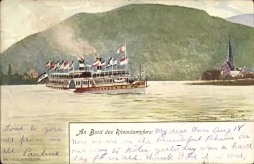 Künstler Litho Rheindampfer auf dem Fluss, Salondampfer
