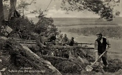 Ak Saint Souplet sur Py Marne, Deutsche Soldaten beim Bau eines Unterstandes