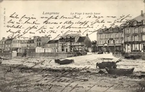 Ak Langrune sur Mer Calvados,  Strand bei Ebbe, Boote, Häuser, 