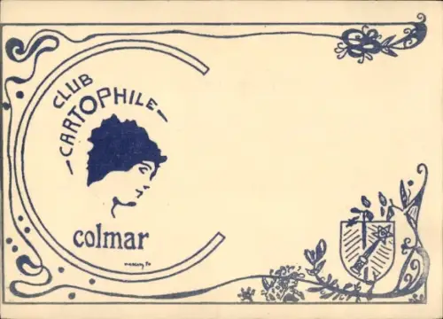 Jugendstil Künstler Ak Colmar Kolmar Elsass Haut Rhin, Club Cartophile, Frauenportrait, Wappen
