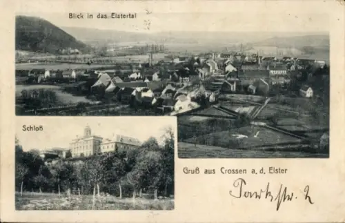 Ak Crossen an der Elster Thüringen, Gesamtansicht, Elstertal, Schloss
