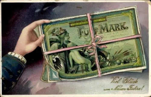 Ak Glückwunsch Neujahr, Geldschein, Fünf Mark