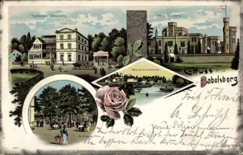 Litho Babelsberg Potsdam in Brandenburg, Restaurant Babelsberg, Schloss, Griebnitzsee