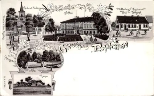 Litho Parchen Genthin am Elbe Havel Kanal, Kirche mit Friedenseiche, Schloss, Ruine, Restaurant