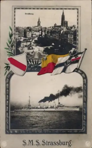 Ak Straßburg Elsass Bas Rhin, Stadtansicht, Deutsches Kriegsschiff SMS Strassburg, NPG, GLK