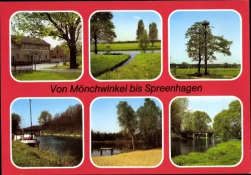 Ak Mönchwinkel Grünheide in der Mark, Spreenhagen, Neu Hartmannsdorf, Storchennest, Spreebrücke