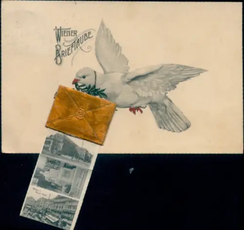 Leporello Ak Wien, Wiener Brieftaube, Teilansichten, Denkmal, Markt