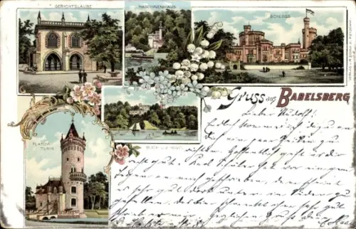 Litho Babelsberg Potsdam, Schloss Babelsberg, Gerichtslaube, Maschinenhaus, Flatowturm