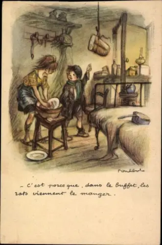 Künstler Ak Poulbot, Mädchen spült Geschirr, aufgehängtes Brot