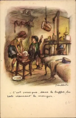 Künstler Ak Poulbot, Mädchen spült Geschirr, aufgehängtes Brot