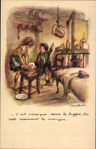 Künstler Ak Poulbot, Mädchen spült Geschirr, aufgehängtes Brot