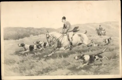 Künstler Ak Jäger zu Pferde, Jagdhunde