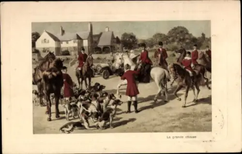 Präge Ak Große Jagd, Jäger, Jagdhunde, Pferde