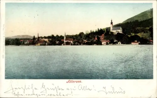 Ak Attersee am Attersee Oberösterreich,  Wasser, Berge, Kirche, Häuser, Bäume