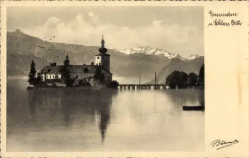 Ak Ort Orth Gmunden am Traunsee Oberösterreich, Schloss Ort, Schloss Orth, Berge, Wasser, Vögel, 