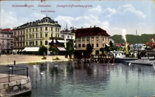 Ak Gmunden am Traunsee Salzkammergut Oberösterreich, Salzkammergut,  Hotel Schwan, Dampfschifflan