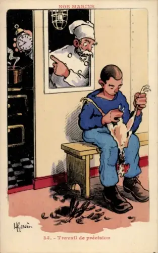 Künstler Ak Nos Marins, Travail de Présicion, Matrose rupft ein Huhn