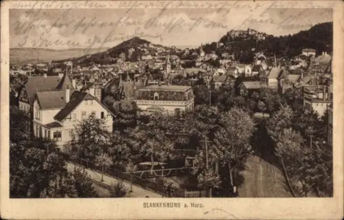 Ak Blankenburg am Harz, Stadtansicht,  Bäume, Häuser, Berg im Hintergrund