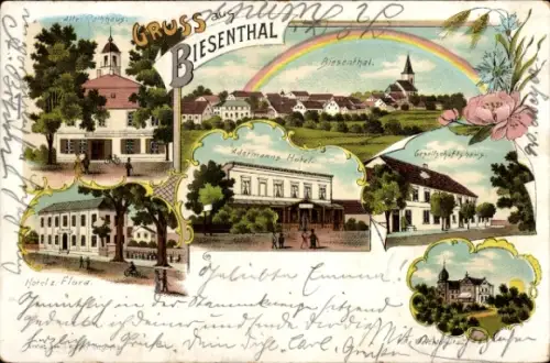 Ak Biesenthal in der Mark,  mit  Adermanns Hotel, Hotel Flora, Regenbogen
