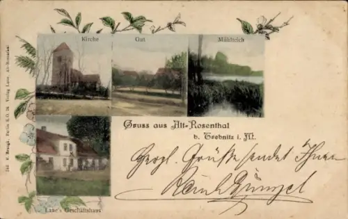 Ak Alt Rosenthal Müncheberg in der Mark, Kirche, Gut, Mühlteich, Lanes Geschäftshaus