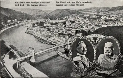 Ak Děčín Tetschen an der Elbe Reg. Aussig, Kaiser Wilhelm II., Kaiser Franz Josef I.