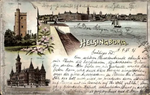 Litho Helsingborg Schweden, Kärnan, Rathaus, Totalansicht
