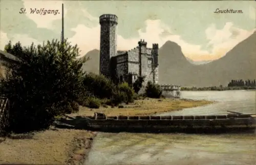 Ak St. Wolfgang am Wolfgangsee Oberösterreich, Leuchtturm,  Berglandschaft, Wasser, Bootsanleger