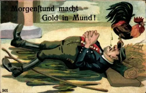 Litho Morgenstund macht Gold in Mund, Hahn, Humor