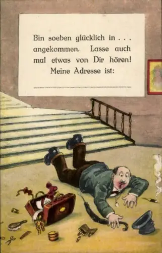Künstler Ak Bin soeben glücklich angekommen, Mann, der ungeschickt eine Treppe hinuntergestürzt