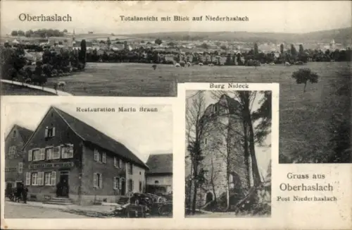 Ak Oberhaslach Elsass Bas Rhin, Gesamtansicht, Niederhaslach, Restauration Marin Braun, Burg Nideck