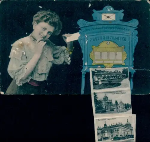 Leporello Ak Potsdam, Sanssouci, Neues Palais, Teilansichten, Postbriefkasten, Frau