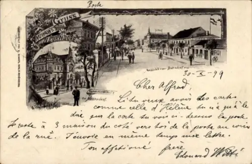 Künstler Ak Thomasczek, Otto, Neuendorf Nowawes Babelsberg Potsdam, Gemeindehaus, Blick vom Bahnhof