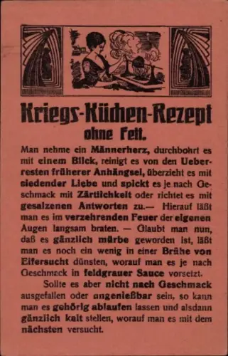Ak Kriegs-Küchen-Rezept ohne Fett, Man nehme ein Männerherz...