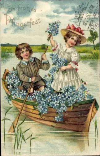 Litho Glückwunsch Pfingsten, Kinder im Ruderboot