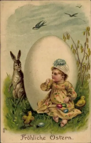 Präge Ak Glückwunsch Ostern, Kind, Osterei, Osterhase, Küken