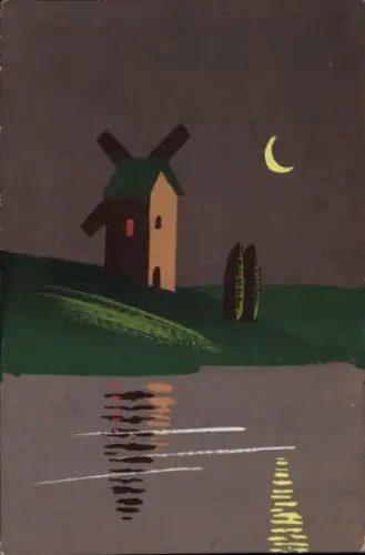 Handgemalt Ak Windmühle, Mondsichel