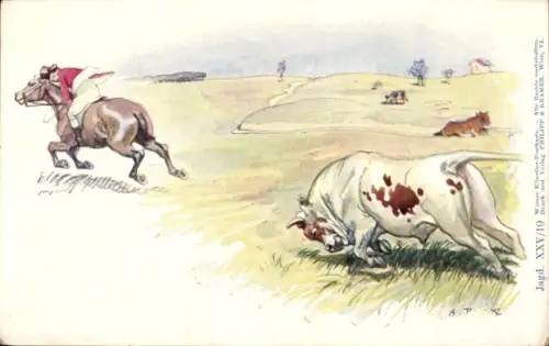 Künstler Ak Jagd, Wütender Stier verjagt einen Reiter