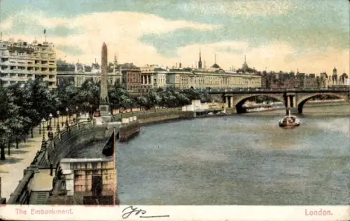 Ak Westminster London City, The Embankment,  Fluss, Obelisk, Gebäude